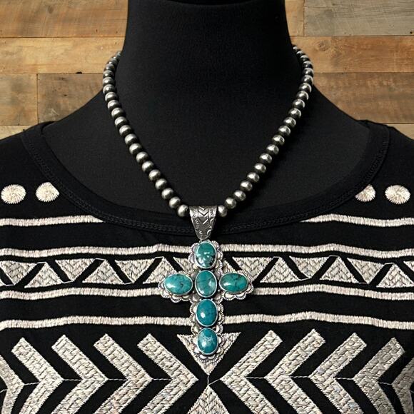 FEDERICO JIMENEZ Sterling Silver & Natural Dreamy Green Turquoise Cross Pendant - Picture 3 of 3